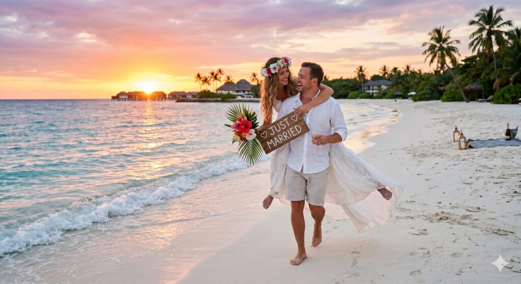 Frisch verheiratetes Paar genießt romantische Flitterwochen am weißen Sandstrand bei Sonnenuntergang