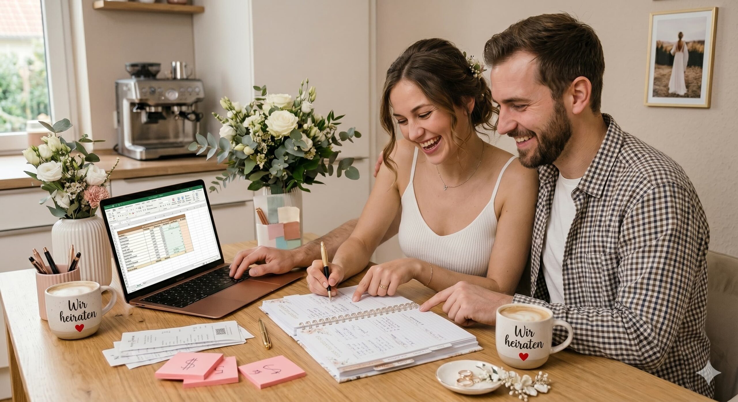 Brautpaar kalkuliert die Hochzeitsvorbereitung stressfrei am Küchentisch