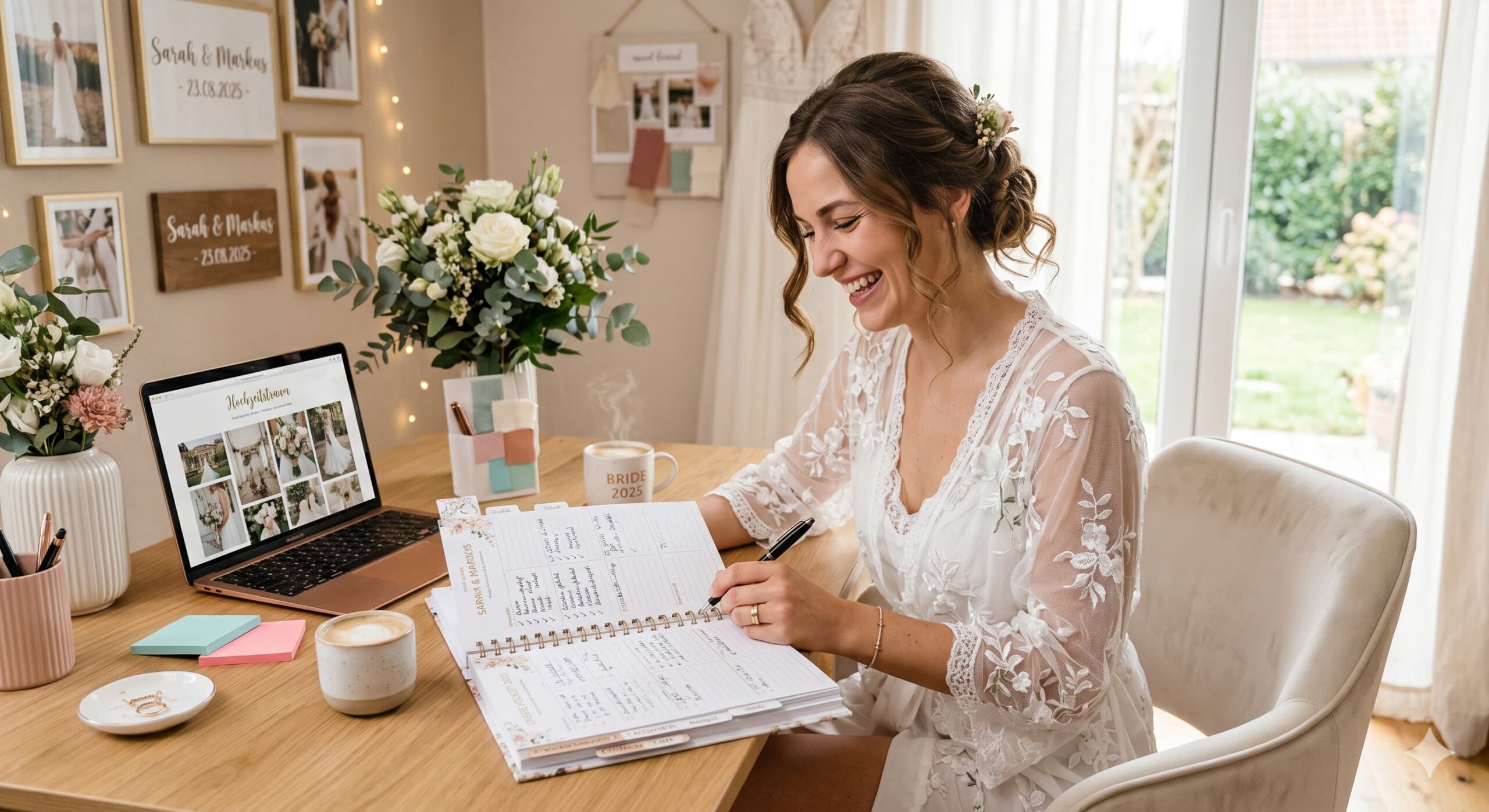 Glückliche Braut organisiert ihre Hochzeitsvorbereitung stressfrei mit einem Planer