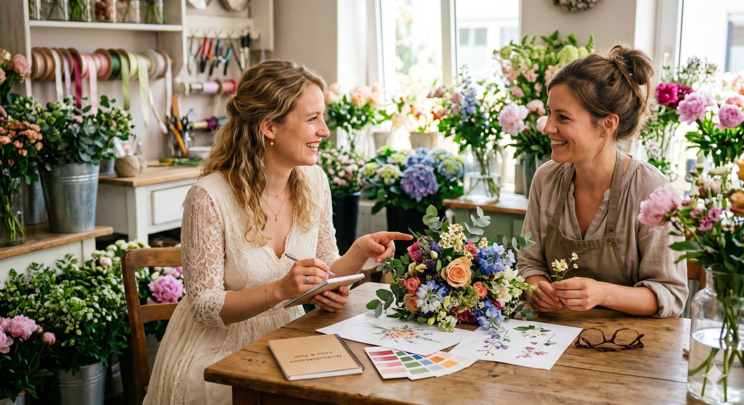Braut bespricht die Hochzeitsvorbereitung stressfrei mit ihrer Floristin